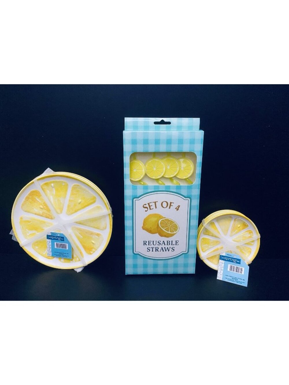 Melamine 12 Piece Lemon Slice Salad Appetizer Roll Plates & Reusable Straw NWT